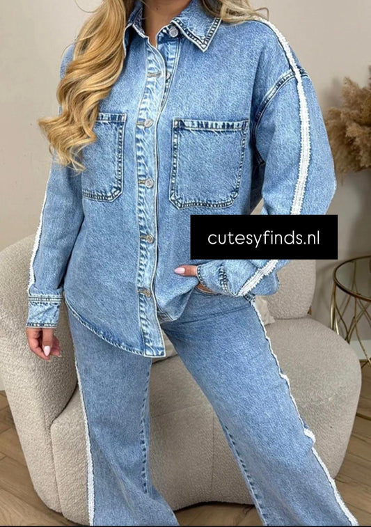 Lace Denim Blouse - Blue